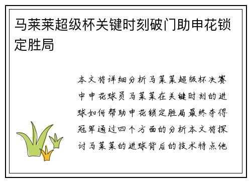 马莱莱超级杯关键时刻破门助申花锁定胜局